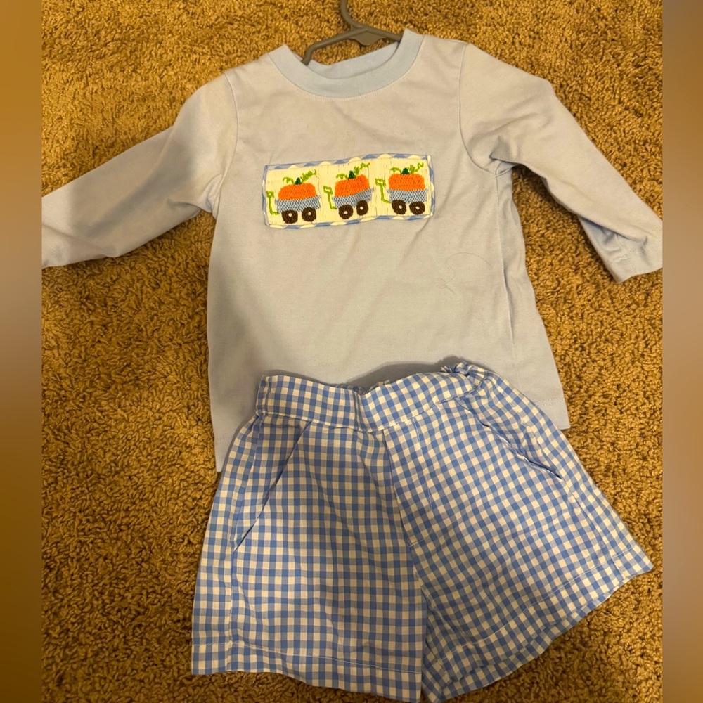 Pumpkin outfit shirt is 12 month and shirts 18 month